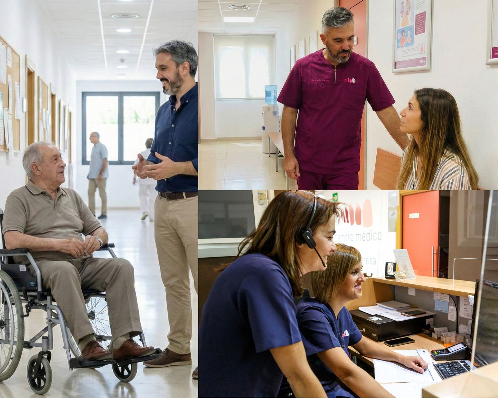 Profesionales de Santa Teresa atendiendo a pacientes y en recepción
